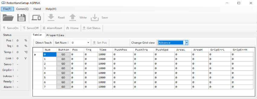 ASPINA電動ロボットハンド I/O専用アプリ画面